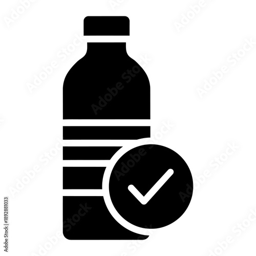 Black solid icon of a plastic beverage bottle with a checkmark inside a circle, representing verified product, quality assurance, safe drinking water, or approved delivery status in a flat, minimalist