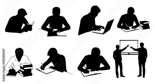Set of 8 business people working vector silhouettes isolated PNG with Transparent Background