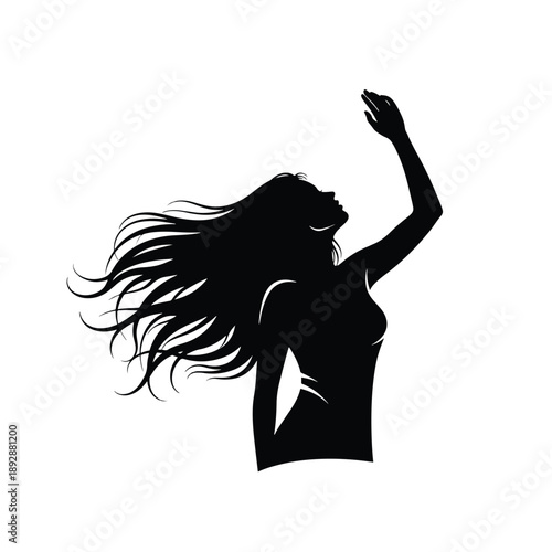 Expressive Woman Silhouette with Flowing Hair Reaching Upwards - Elegant Vector Graphic Design