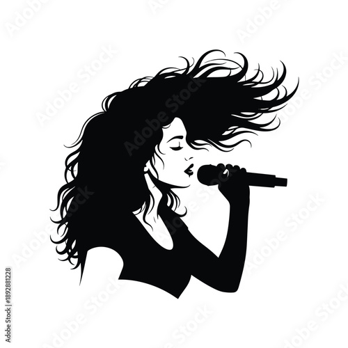 Dynamic vector illustration of a female vocalist singing passionately with flowing hair