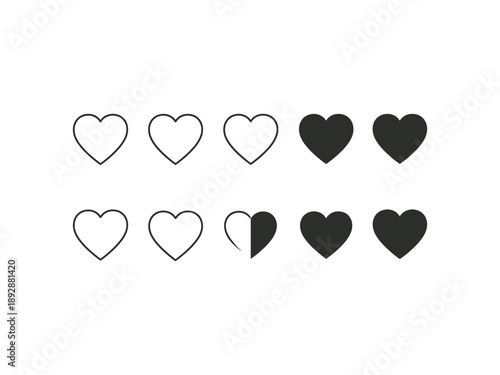 Heart rating system icons, a mix of outlined and filled hearts