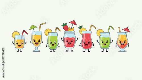 Cheerful lineup of cute cartoon drink characters with faces in different glasses for fun kids party menu and refreshment themes.