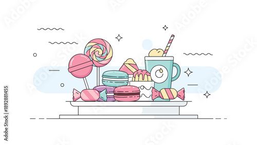 Decorative tray filled with assorted pastel colored candies lollipops macaroons and a milkshake for birthday party celebrations.