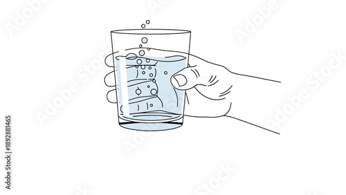 Close up of a human hand holding a transparent glass filled with fresh water and bubbles against a white background for health.