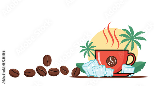 Hot steaming red coffee cup with ice cubes coffee beans and palm trees against a sun for summer iced coffee cafe concept.