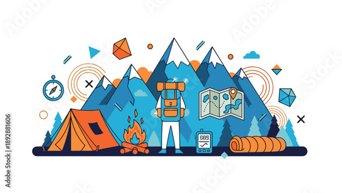 Outdoor camping adventure illustration featuring a hiker in front of mountains with a tent, campfire, map, and gear.