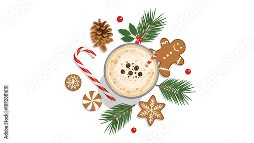 Overhead view of a festive winter drink surrounded by a pine cone, gingerbread man, candy cane, and evergreen branches.
