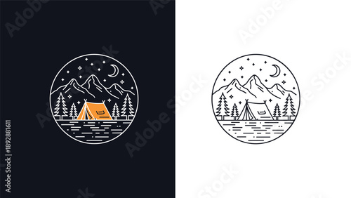 Pair of mountain camping badges showing a tent under a starry night sky with a crescent moon in white and dark colors.
