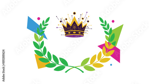 Golden crown with technological lines and dots surrounded by a green laurel wreath and colorful geometric background.