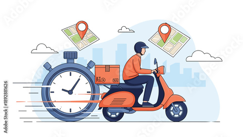 Fast delivery service concept with a courier on a scooter speeding past a large stopwatch with map and location pins.