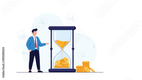 Time is money concept with a businessman standing next to a large hourglass filled with falling gold coins and stacks.