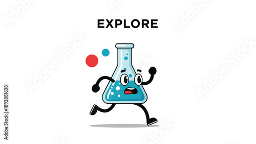 Enthusiastic cartoon chemistry flask character with a face running excitedly under the word Explore on white background.
