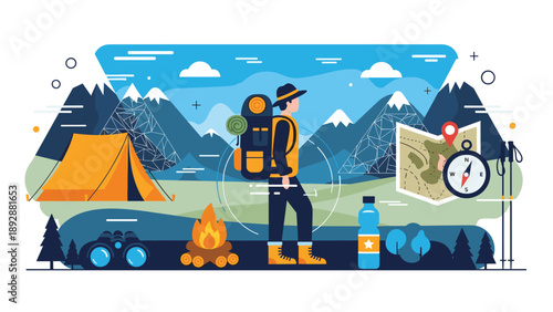 Adventurous man hiking in the mountains with a tent campfire compass and map for outdoor travel and exploration theme.