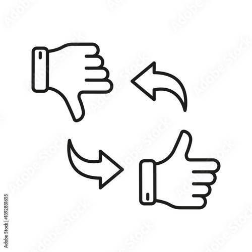 Thumbs Up And Down With Arrows Line Icon. Feedback And Opinion Exchange Outline Symbol. Decision Making And Evaluation Process. Editable Stroke. Isolated Vector Illustration