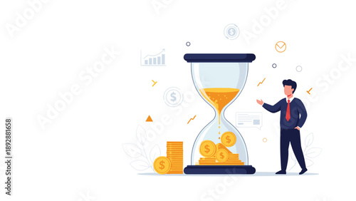 Professional businessman standing next to a large hourglass showing the concept of time management and financial growth.