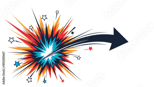 Dynamic comic book style explosion with bright colors, stars, and a dark curved arrow pointing towards the right side.