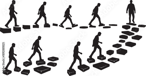 Businessman stepping on stepping stones to success pathway