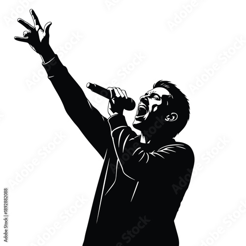 Energetic male vocalist performing live, dynamic vector art illustration for music events
