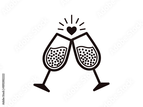 Two champagne glasses clinking together with a heart symbol above, celebrating love and romance.