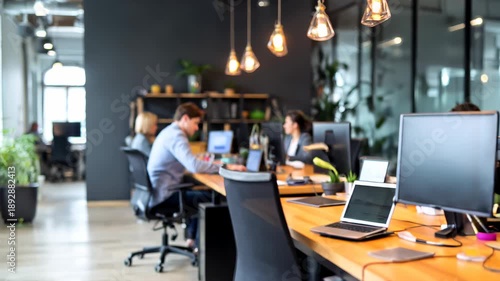 Blurred people working in a clear modern office open space, workplace teamwork