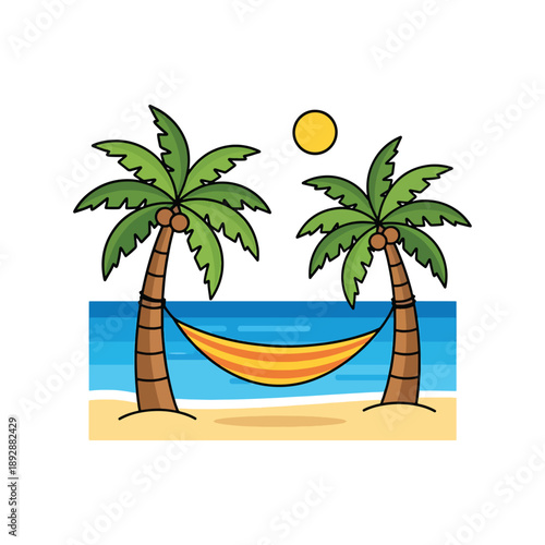 Relaxing tropical beach scene with a hammock between palm trees under the warm sun.