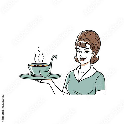 Retro-style Woman Serving Steaming Hot Soup with Ladle on a Tray Illustration