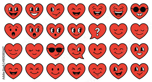 Vector illustration of a collection of red heart-shaped cartoon emojis displaying various facial expressions and emotions.