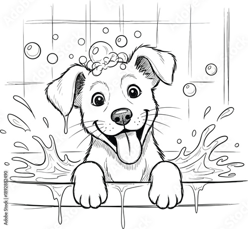playful puppy taking a bath with soap bubbles