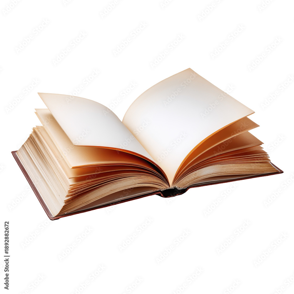 Fototapeta premium Open vintage book with aged, yellowing pages fanning out ,isolated on transparent background