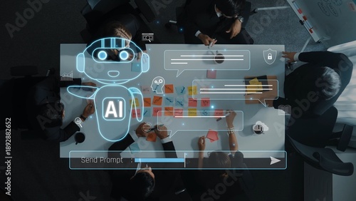 Fotografía A diverse team engages in collaborative brainstorming with an AI chatbot interface, showcasing creativity and modern work techniques in a professional office setting