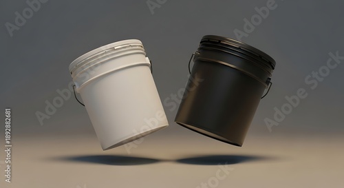 5 gallon pail, white and black plastic buckets levitating in studio setting