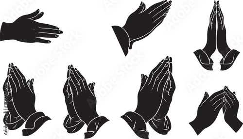 Black and white praying hands in various positions illustration