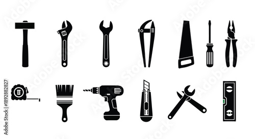Black silhouette icons depicting various common hand tools for repairs