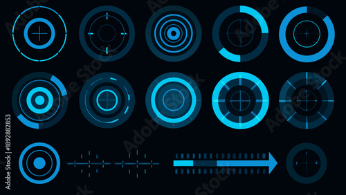 A collection of futuristic glowing blue circular targeting and loading elements