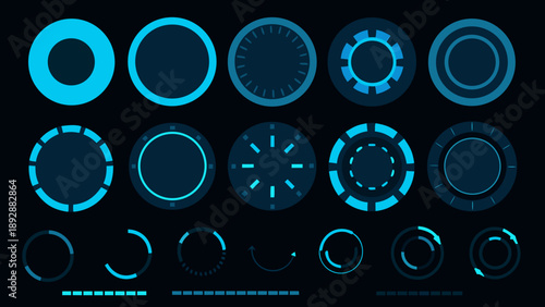 Collection of futuristic turquoise circular loading and progress indicators