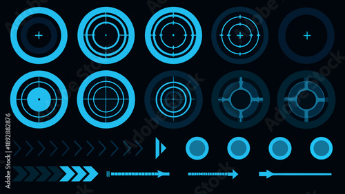 Abstract blue targeting reticles and directional elements on a dark background
