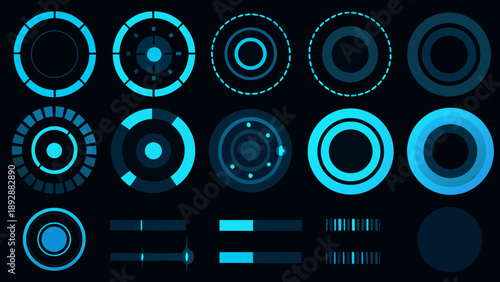 Abstract glowing circular elements and rectangles on a dark background