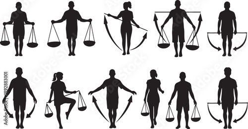 Silhouettes of people holding scales and bows and arrows