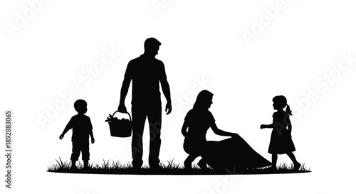 Silhouette of a father and son walking with a basket outdoors