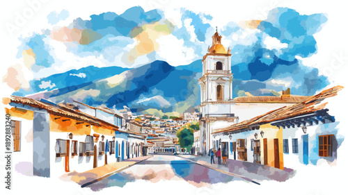 Sucre Historic Center. Sucre Historic Center hand drawn watercolor illustration