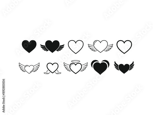 Collection of heart icons with wings and halos, some solid and outlined