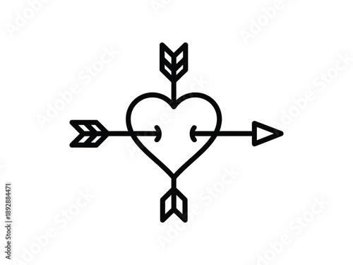 Iconic Outline Heart Vector Illustration Pierced by Four Arrows, Symbolizing Intense Love, Passion, or Heartbreak