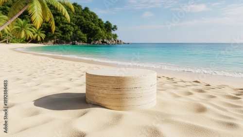 Wallpaper Mural A serene beach scene with a wooden cylinder on the sand Torontodigital.ca