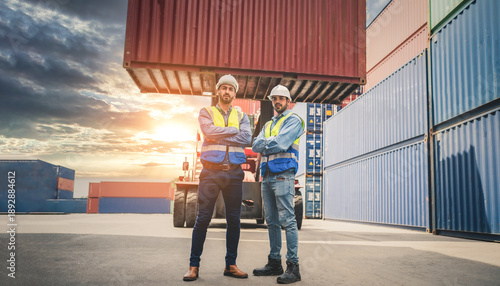 Two Engineer or foreman wears PPE checking container storage with cargo container background at sunset. Logistics global import or export shipping industrial concept.