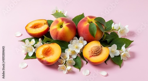 Fresh peaches with jasmine flowers on pastel pink background aesthetic