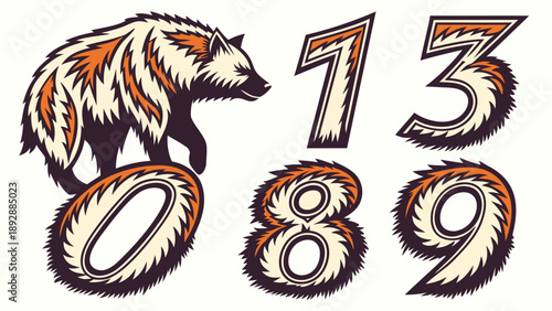 Stylized numbers zero through three accompany a fierce bear illustration rendered in a graphic design aesthetic.