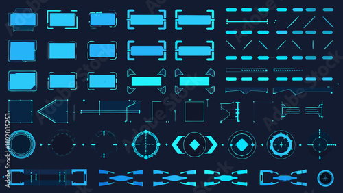 Collection of vibrant blue holographic user interface elements on dark background