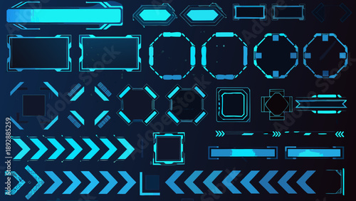 Collection of glowing blue futuristic user interface elements on dark background
