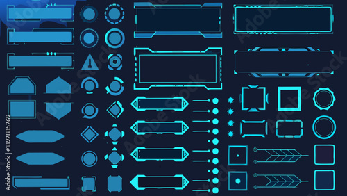 Futuristic user interface elements in bright blue on a dark background