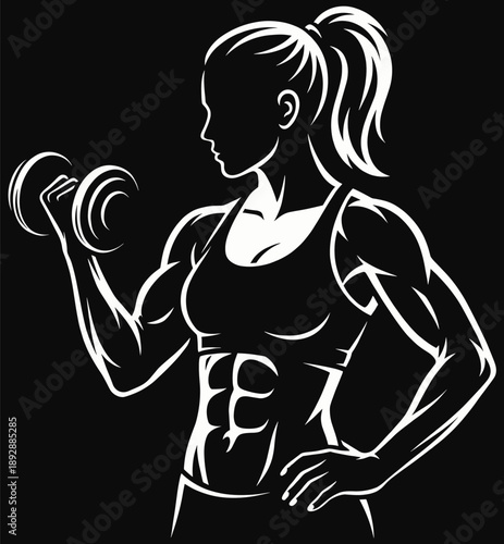 Female athlete silhouette holding a dumbbell while standing in a confident fitness pose.
